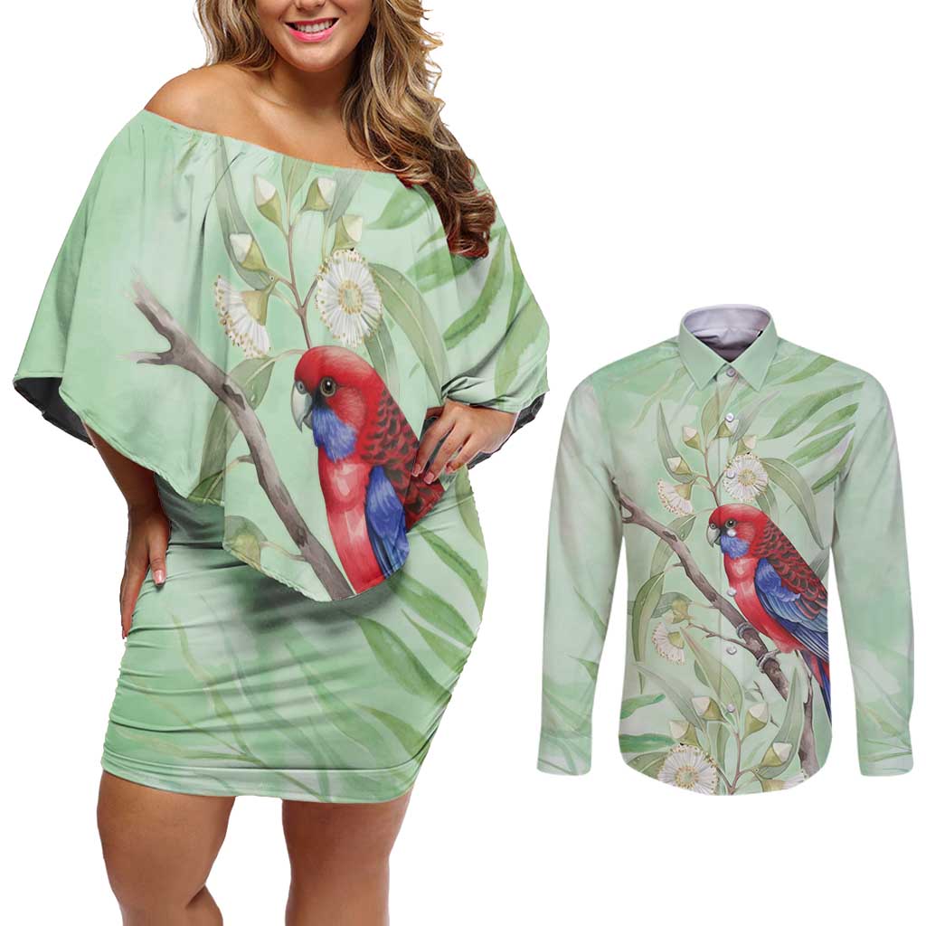 Australia Crimson Rosella Couples Matching Off Shoulder Short Dress and Long Sleeve Button Shirt Platycercus Elegans Eucalyptus Alba Watercolor - Aussie Hoodie
