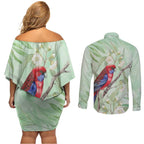 Australia Crimson Rosella Couples Matching Off Shoulder Short Dress and Long Sleeve Button Shirt Platycercus Elegans Eucalyptus Alba Watercolor - Aussie Hoodie