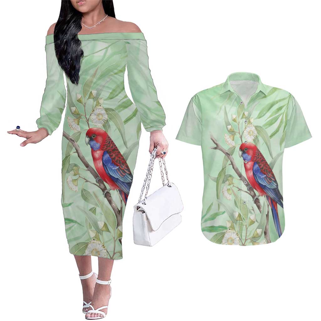 Australia Crimson Rosella Couples Matching Off The Shoulder Long Sleeve Dress and Hawaiian Shirt Platycercus Elegans Eucalyptus Alba Watercolor - Aussie Hoodie