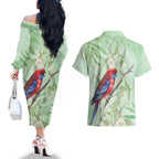 Australia Crimson Rosella Couples Matching Off The Shoulder Long Sleeve Dress and Hawaiian Shirt Platycercus Elegans Eucalyptus Alba Watercolor - Aussie Hoodie