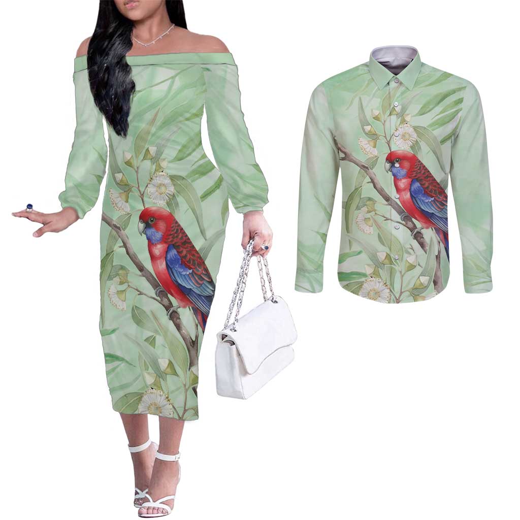 Australia Crimson Rosella Couples Matching Off The Shoulder Long Sleeve Dress and Long Sleeve Button Shirt Platycercus Elegans Eucalyptus Alba Watercolor - Aussie Hoodie