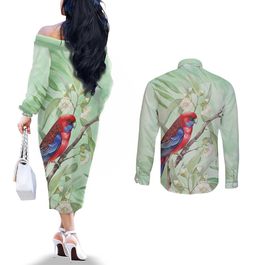 Australia Crimson Rosella Couples Matching Off The Shoulder Long Sleeve Dress and Long Sleeve Button Shirt Platycercus Elegans Eucalyptus Alba Watercolor - Aussie Hoodie