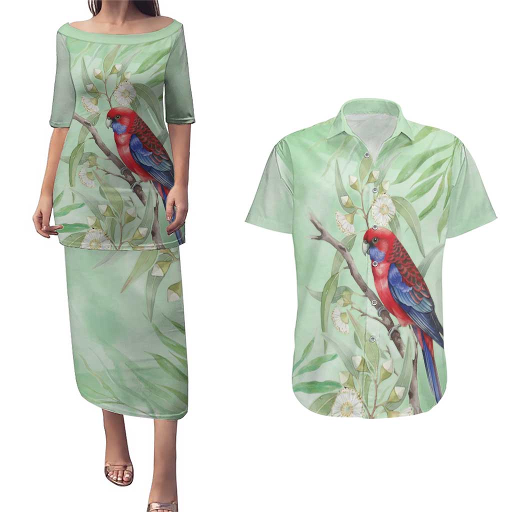 Australia Crimson Rosella Couples Matching Puletasi and Hawaiian Shirt Platycercus Elegans Eucalyptus Alba Watercolor - Aussie Hoodie