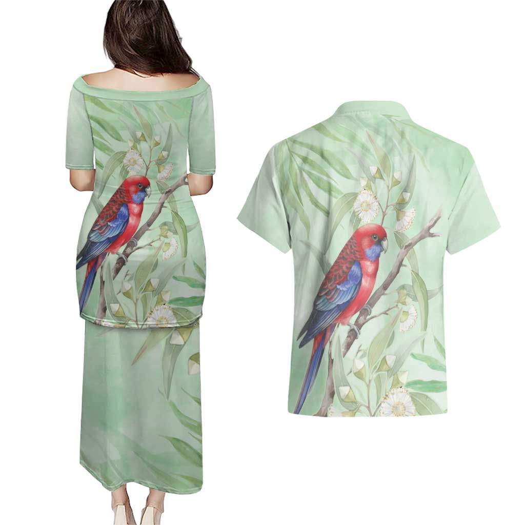 Australia Crimson Rosella Couples Matching Puletasi and Hawaiian Shirt Platycercus Elegans Eucalyptus Alba Watercolor - Aussie Hoodie