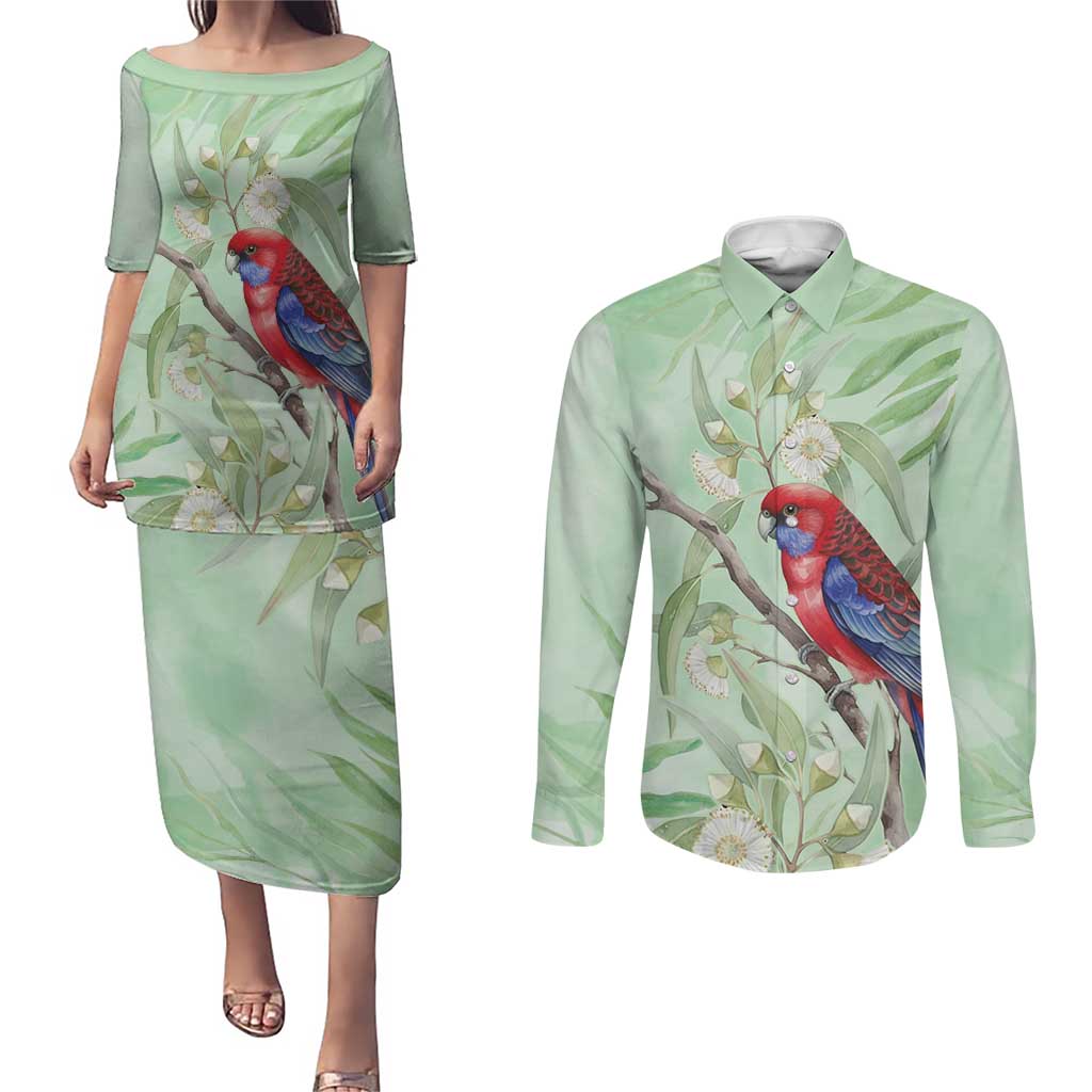 Australia Crimson Rosella Couples Matching Puletasi and Long Sleeve Button Shirt Platycercus Elegans Eucalyptus Alba Watercolor - Aussie Hoodie
