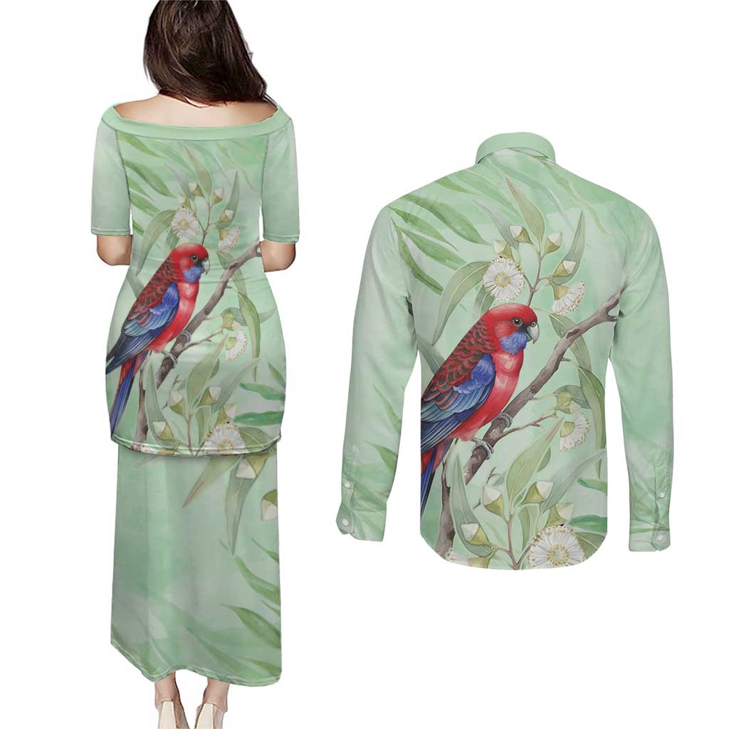 Australia Crimson Rosella Couples Matching Puletasi and Long Sleeve Button Shirt Platycercus Elegans Eucalyptus Alba Watercolor - Aussie Hoodie