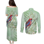 Australia Crimson Rosella Couples Matching Puletasi and Long Sleeve Button Shirt Platycercus Elegans Eucalyptus Alba Watercolor - Aussie Hoodie