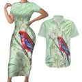 Australia Crimson Rosella Couples Matching Short Sleeve Bodycon Dress and Hawaiian Shirt Platycercus Elegans Eucalyptus Alba Watercolor - Aussie Hoodie