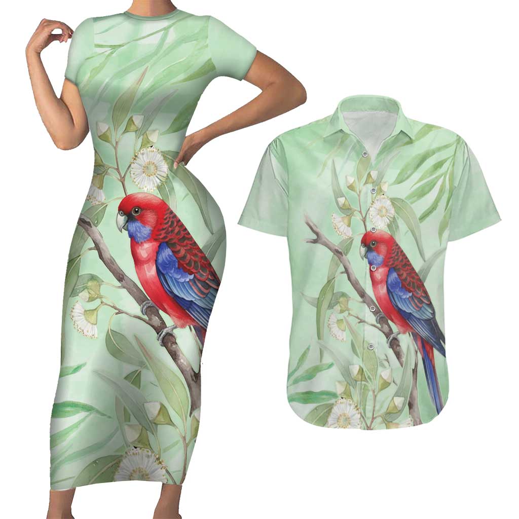 Australia Crimson Rosella Couples Matching Short Sleeve Bodycon Dress and Hawaiian Shirt Platycercus Elegans Eucalyptus Alba Watercolor - Aussie Hoodie