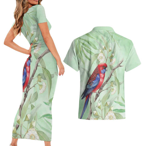 Australia Crimson Rosella Couples Matching Short Sleeve Bodycon Dress and Hawaiian Shirt Platycercus Elegans Eucalyptus Alba Watercolor - Aussie Hoodie