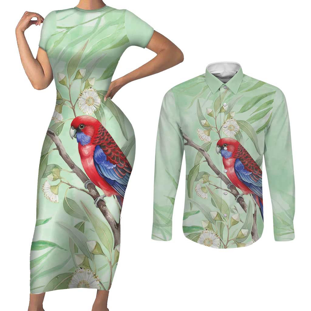 Australia Crimson Rosella Couples Matching Short Sleeve Bodycon Dress and Long Sleeve Button Shirt Platycercus Elegans Eucalyptus Alba Watercolor - Aussie Hoodie