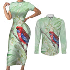 Australia Crimson Rosella Couples Matching Short Sleeve Bodycon Dress and Long Sleeve Button Shirt Platycercus Elegans Eucalyptus Alba Watercolor - Aussie Hoodie