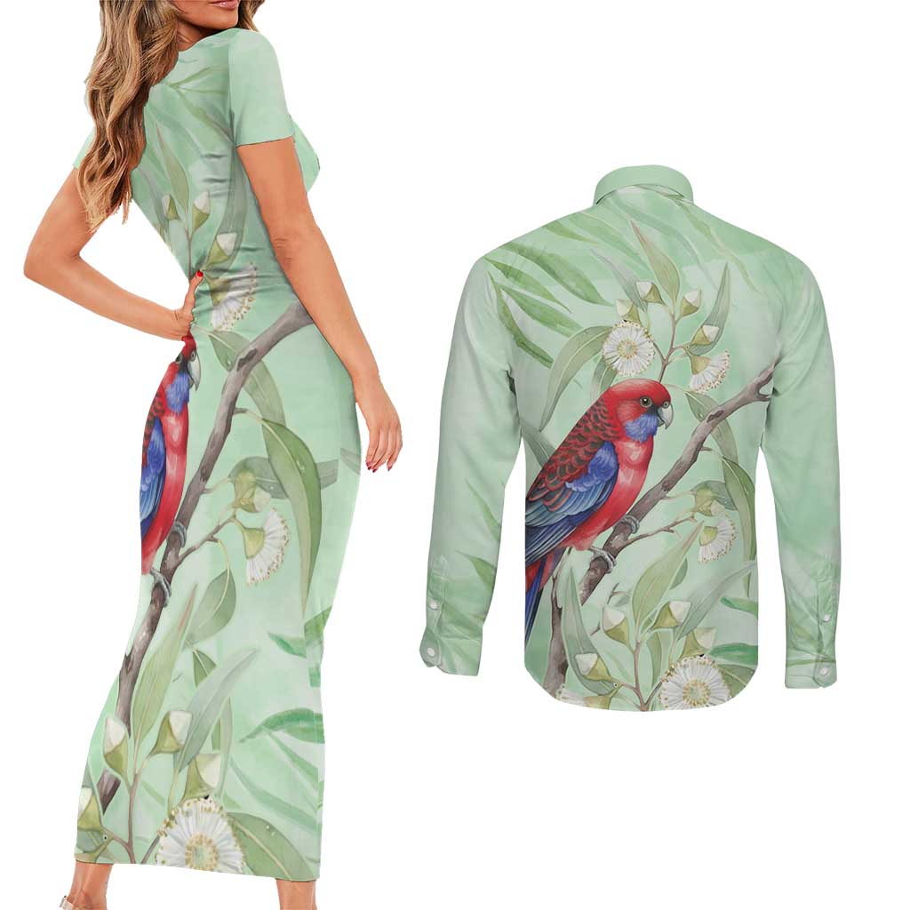 Australia Crimson Rosella Couples Matching Short Sleeve Bodycon Dress and Long Sleeve Button Shirt Platycercus Elegans Eucalyptus Alba Watercolor - Aussie Hoodie