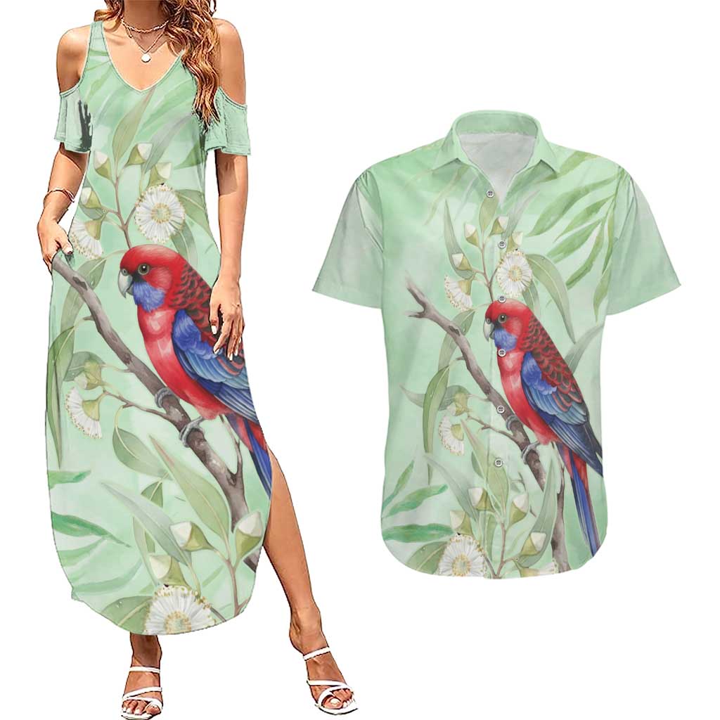 Australia Crimson Rosella Couples Matching Summer Maxi Dress and Hawaiian Shirt Platycercus Elegans Eucalyptus Alba Watercolor - Aussie Hoodie