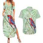 Australia Crimson Rosella Couples Matching Summer Maxi Dress and Hawaiian Shirt Platycercus Elegans Eucalyptus Alba Watercolor - Aussie Hoodie