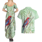 Australia Crimson Rosella Couples Matching Summer Maxi Dress and Hawaiian Shirt Platycercus Elegans Eucalyptus Alba Watercolor - Aussie Hoodie
