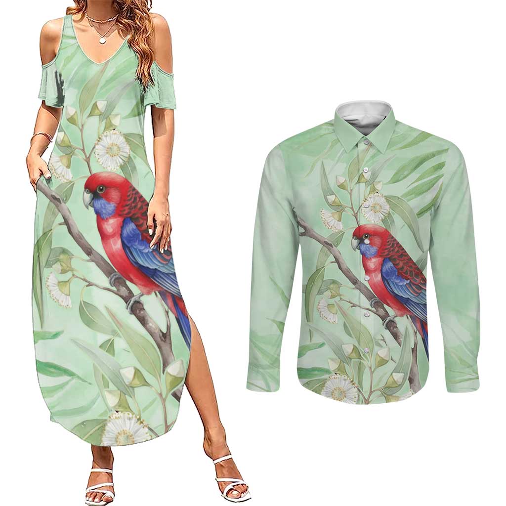 Australia Crimson Rosella Couples Matching Summer Maxi Dress and Long Sleeve Button Shirt Platycercus Elegans Eucalyptus Alba Watercolor - Aussie Hoodie