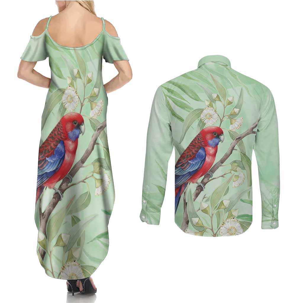 Australia Crimson Rosella Couples Matching Summer Maxi Dress and Long Sleeve Button Shirt Platycercus Elegans Eucalyptus Alba Watercolor - Aussie Hoodie