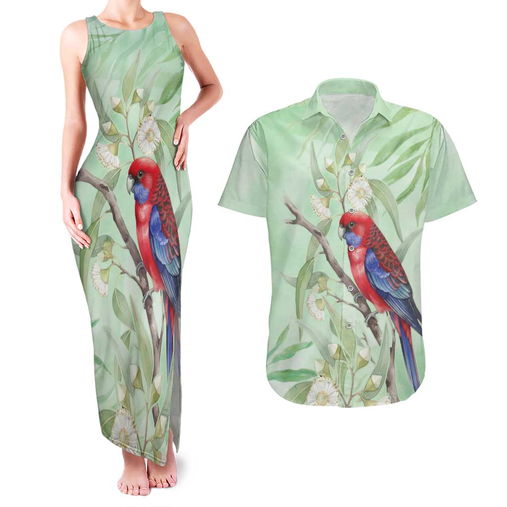 Australia Crimson Rosella Couples Matching Tank Maxi Dress and Hawaiian Shirt Platycercus Elegans Eucalyptus Alba Watercolor - Aussie Hoodie
