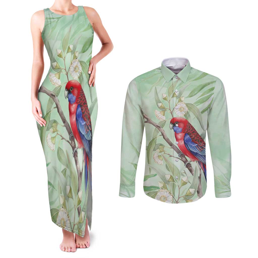 Australia Crimson Rosella Couples Matching Tank Maxi Dress and Long Sleeve Button Shirt Platycercus Elegans Eucalyptus Alba Watercolor - Aussie Hoodie