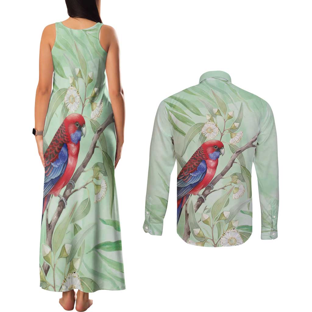 Australia Crimson Rosella Couples Matching Tank Maxi Dress and Long Sleeve Button Shirt Platycercus Elegans Eucalyptus Alba Watercolor - Aussie Hoodie