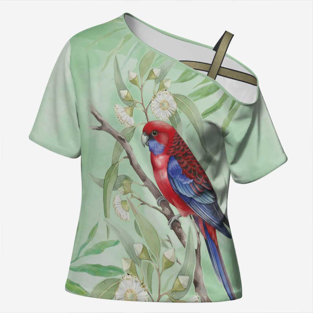 Australia Crimson Rosella Cross Shoulder Shirt Platycercus Elegans Eucalyptus Alba Watercolor - Aussie Hoodie