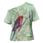 Australia Crimson Rosella Cross Shoulder Shirt Platycercus Elegans Eucalyptus Alba Watercolor - Aussie Hoodie