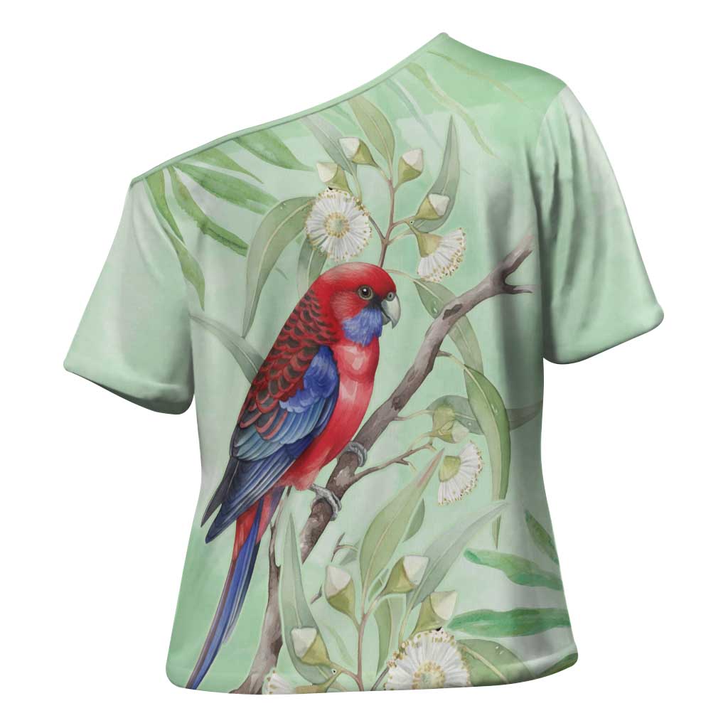 Australia Crimson Rosella Cross Shoulder Shirt Platycercus Elegans Eucalyptus Alba Watercolor - Aussie Hoodie