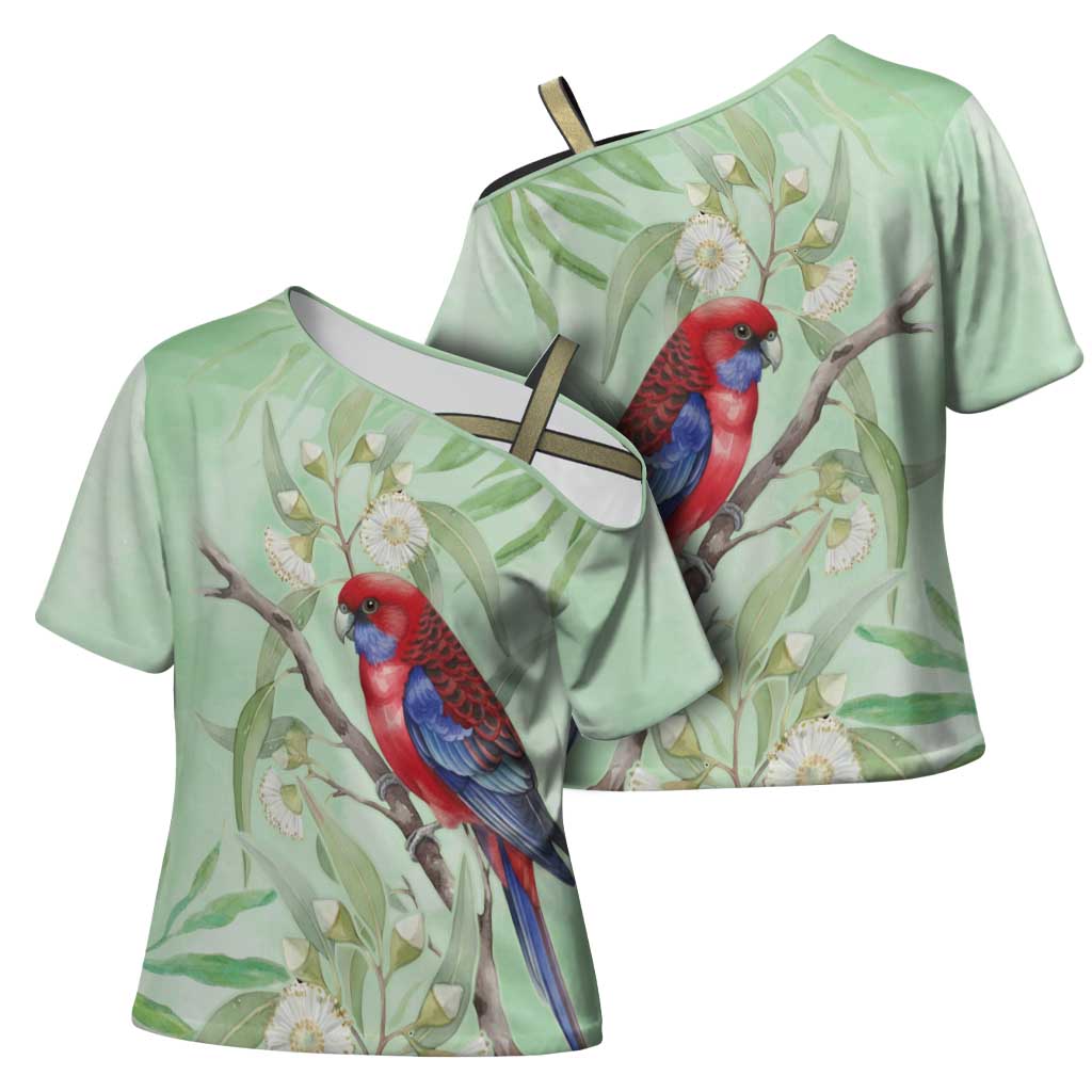 Australia Crimson Rosella Cross Shoulder Shirt Platycercus Elegans Eucalyptus Alba Watercolor - Aussie Hoodie