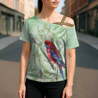 Australia Crimson Rosella Cross Shoulder Shirt Platycercus Elegans Eucalyptus Alba Watercolor - Aussie Hoodie