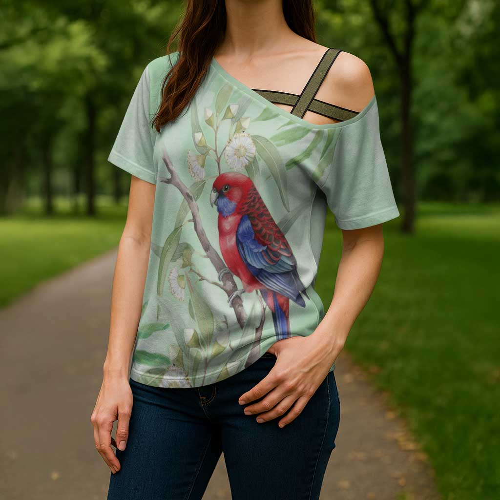 Australia Crimson Rosella Cross Shoulder Shirt Platycercus Elegans Eucalyptus Alba Watercolor - Aussie Hoodie