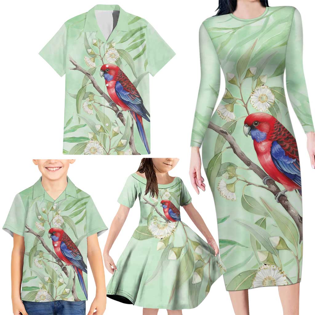 Australia Crimson Rosella Family Matching Long Sleeve Bodycon Dress and Hawaiian Shirt Platycercus Elegans Eucalyptus Alba Watercolor - Aussie Hoodie