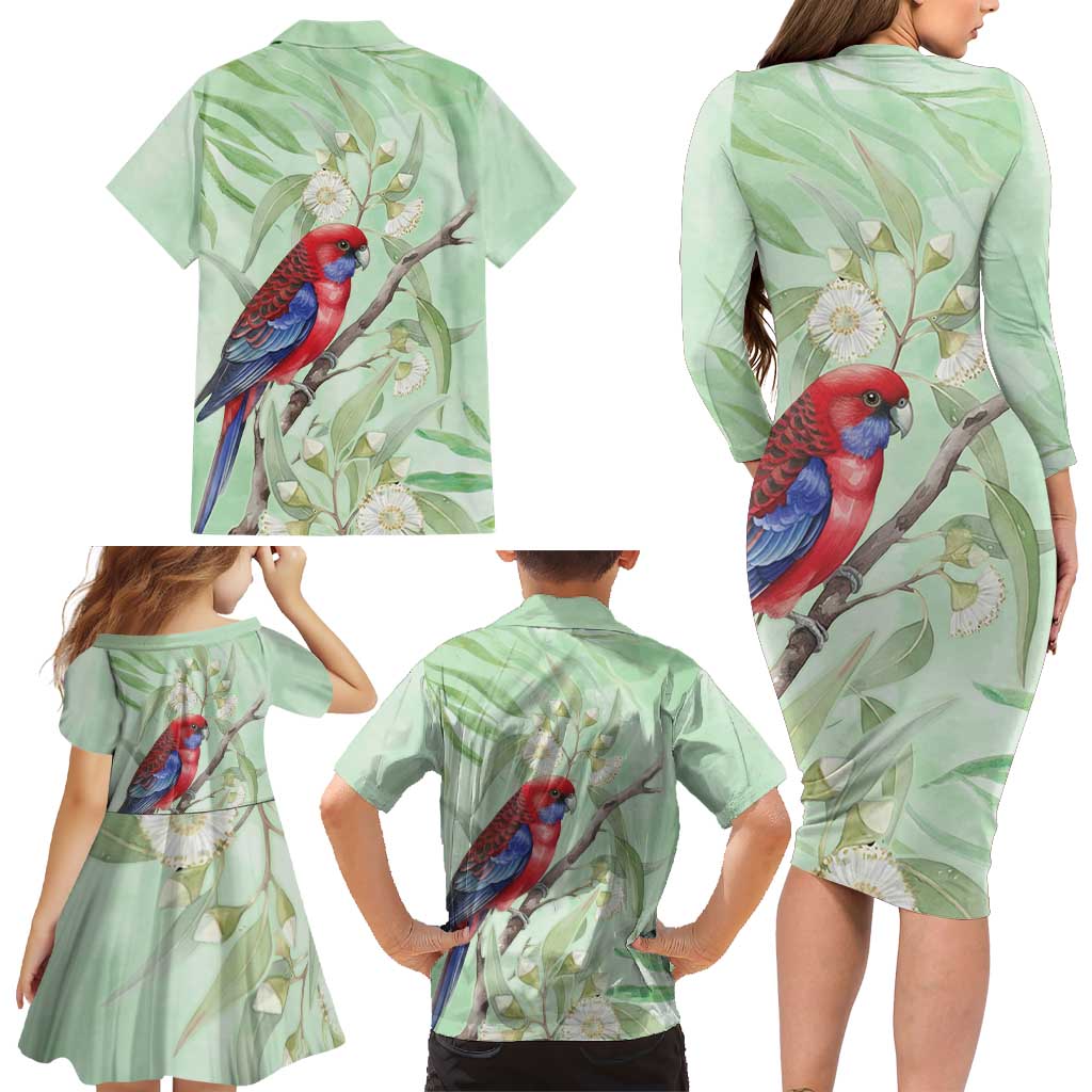 Australia Crimson Rosella Family Matching Long Sleeve Bodycon Dress and Hawaiian Shirt Platycercus Elegans Eucalyptus Alba Watercolor - Aussie Hoodie