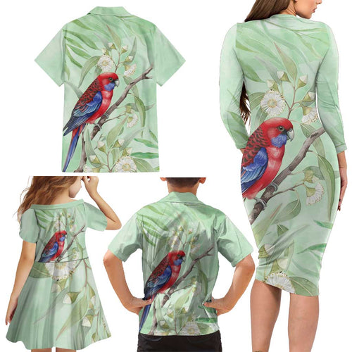 Australia Crimson Rosella Family Matching Long Sleeve Bodycon Dress and Hawaiian Shirt Platycercus Elegans Eucalyptus Alba Watercolor - Aussie Hoodie