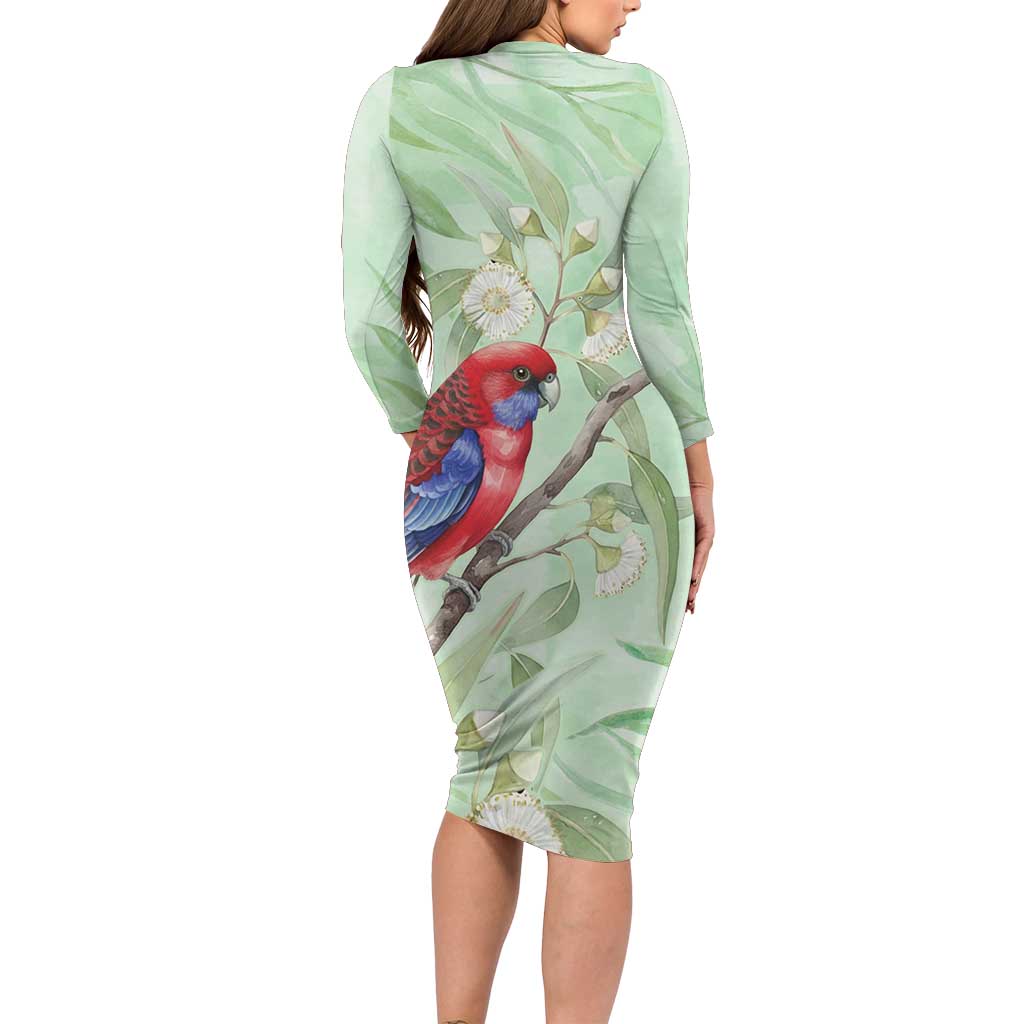 Australia Crimson Rosella Family Matching Long Sleeve Bodycon Dress and Hawaiian Shirt Platycercus Elegans Eucalyptus Alba Watercolor - Aussie Hoodie