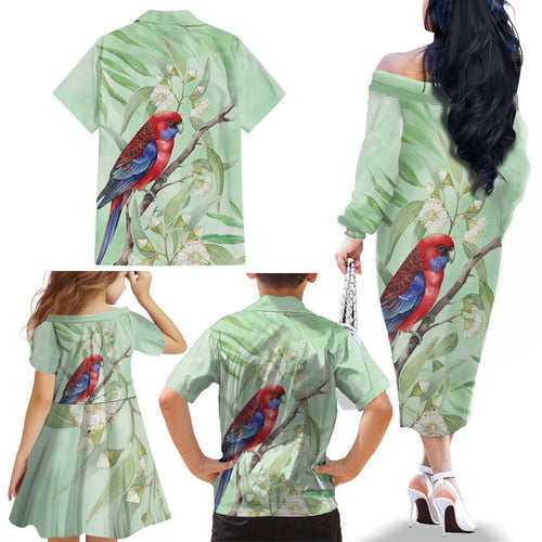 Australia Crimson Rosella Family Matching Off The Shoulder Long Sleeve Dress and Hawaiian Shirt Platycercus Elegans Eucalyptus Alba Watercolor - Aussie Hoodie