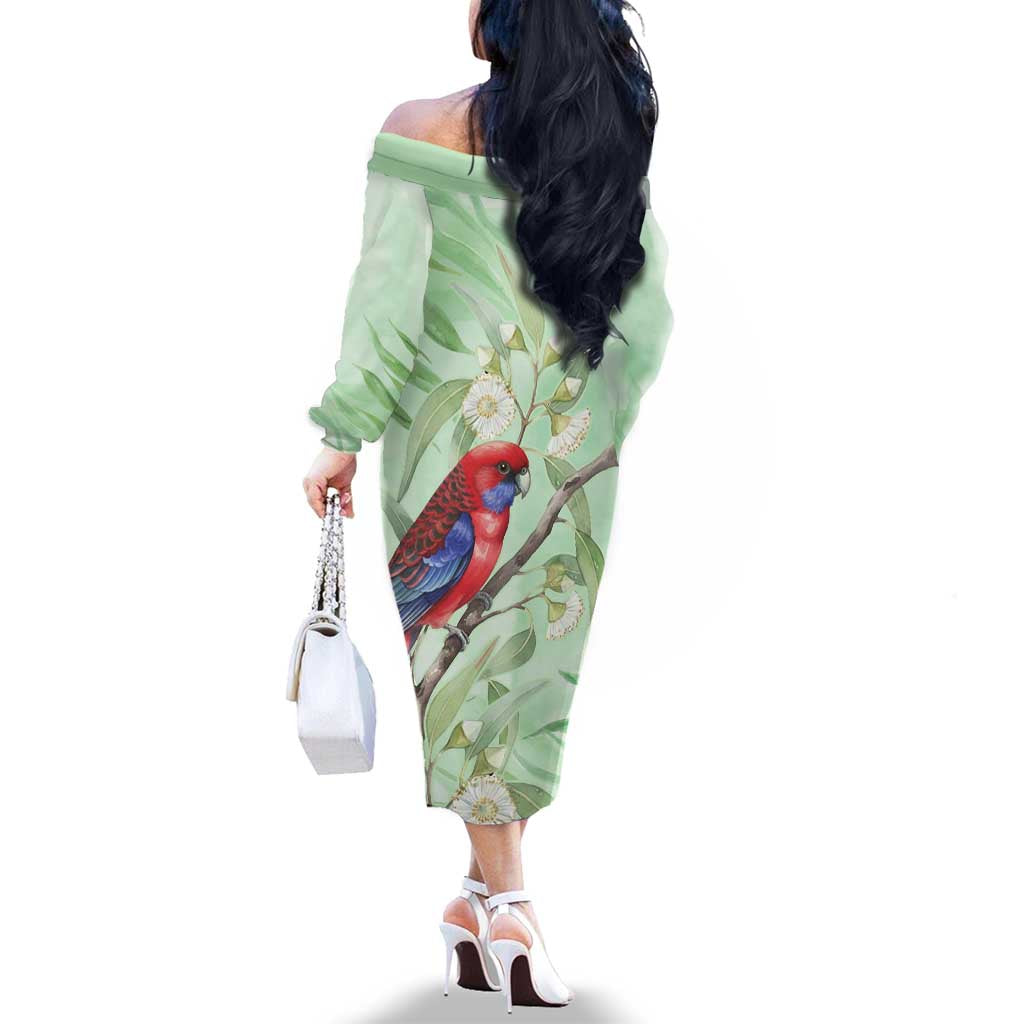 Australia Crimson Rosella Family Matching Off The Shoulder Long Sleeve Dress and Hawaiian Shirt Platycercus Elegans Eucalyptus Alba Watercolor - Aussie Hoodie