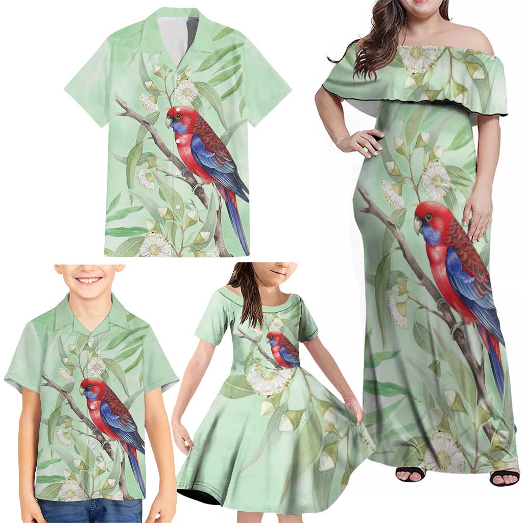 Australia Crimson Rosella Family Matching Off Shoulder Maxi Dress and Hawaiian Shirt Platycercus Elegans Eucalyptus Alba Watercolor - Aussie Hoodie