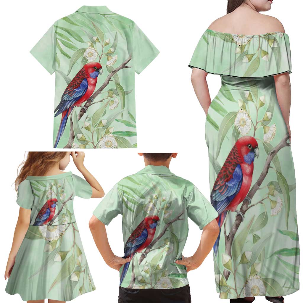 Australia Crimson Rosella Family Matching Off Shoulder Maxi Dress and Hawaiian Shirt Platycercus Elegans Eucalyptus Alba Watercolor - Aussie Hoodie