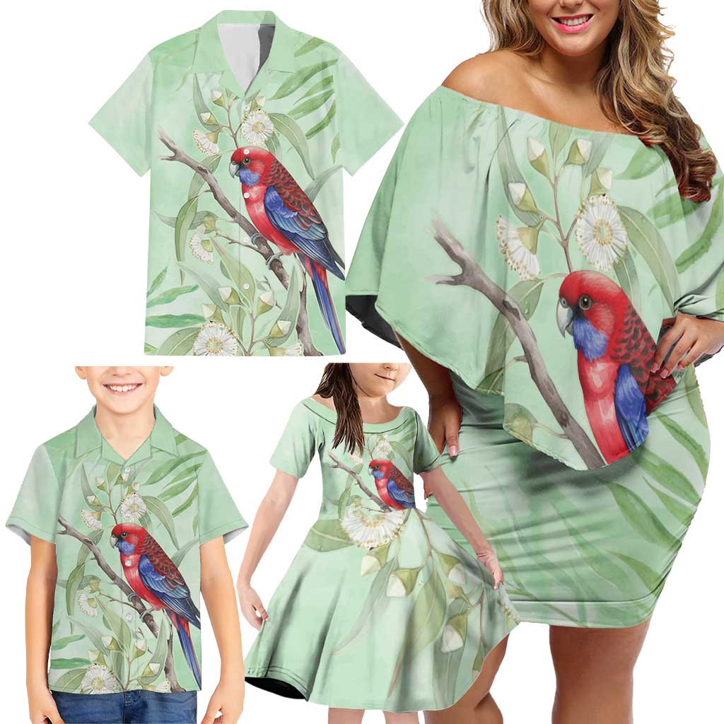 Australia Crimson Rosella Family Matching Off Shoulder Short Dress and Hawaiian Shirt Platycercus Elegans Eucalyptus Alba Watercolor - Aussie Hoodie