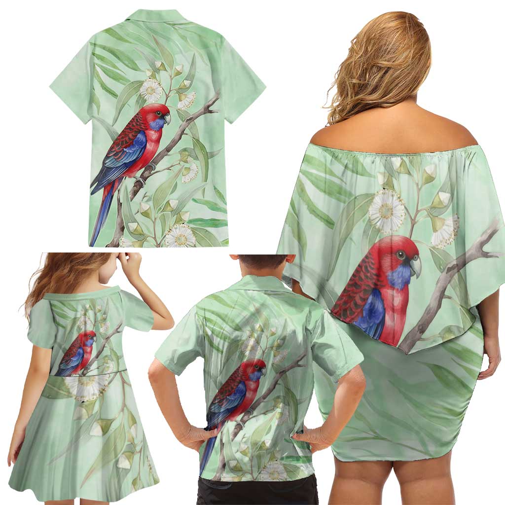 Australia Crimson Rosella Family Matching Off Shoulder Short Dress and Hawaiian Shirt Platycercus Elegans Eucalyptus Alba Watercolor - Aussie Hoodie