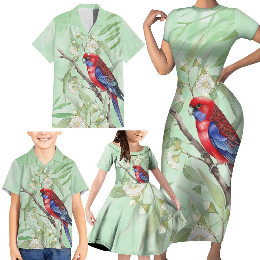 Australia Crimson Rosella Family Matching Short Sleeve Bodycon Dress and Hawaiian Shirt Platycercus Elegans Eucalyptus Alba Watercolor - Aussie Hoodie