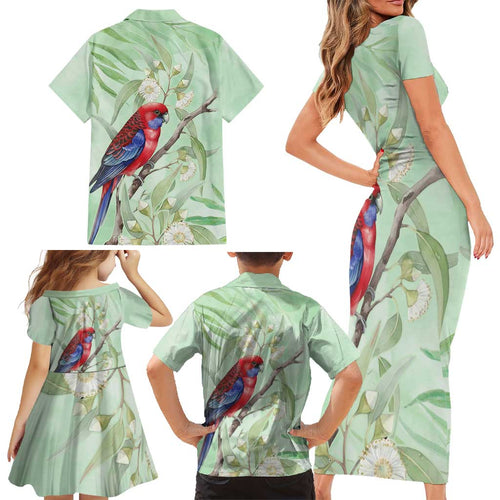 Australia Crimson Rosella Family Matching Short Sleeve Bodycon Dress and Hawaiian Shirt Platycercus Elegans Eucalyptus Alba Watercolor - Aussie Hoodie