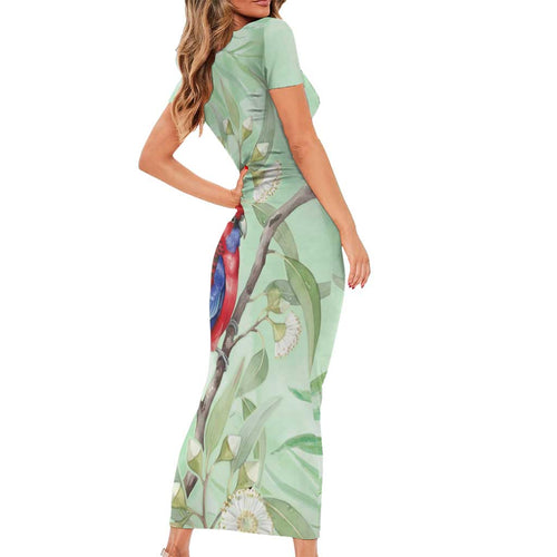 Australia Crimson Rosella Family Matching Short Sleeve Bodycon Dress and Hawaiian Shirt Platycercus Elegans Eucalyptus Alba Watercolor - Aussie Hoodie