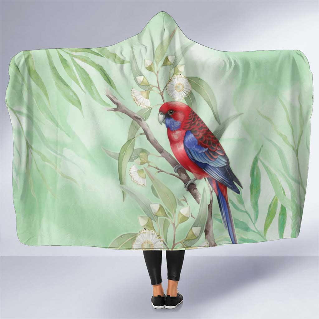 Australia Crimson Rosella Hooded Blanket Platycercus Elegans Eucalyptus Alba Watercolor - Aussie Hoodie