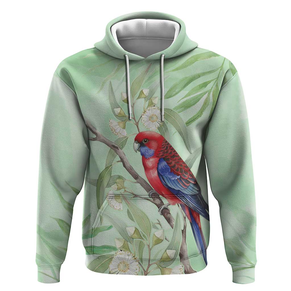 Australia Crimson Rosella Hoodie Platycercus Elegans Eucalyptus Alba Watercolor - Aussie Hoodie
