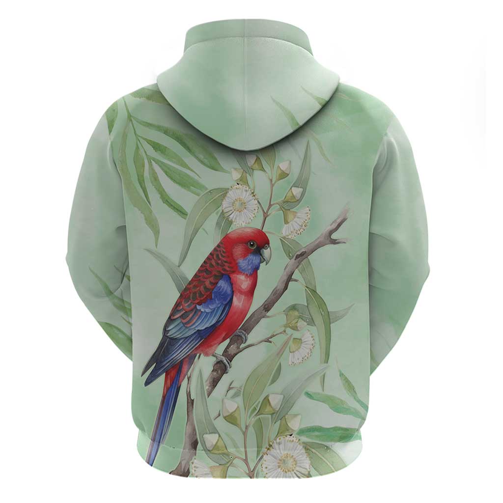 Australia Crimson Rosella Hoodie Platycercus Elegans Eucalyptus Alba Watercolor - Aussie Hoodie