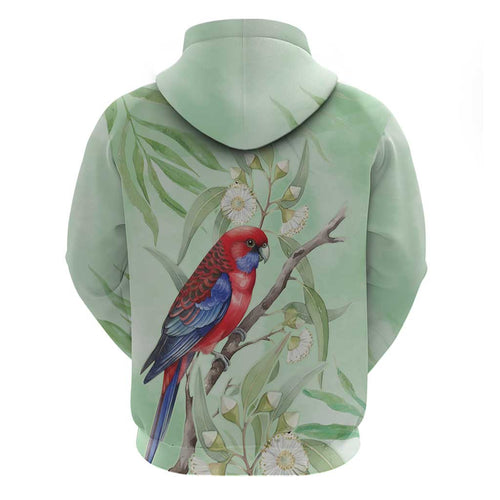 Australia Crimson Rosella Hoodie Platycercus Elegans Eucalyptus Alba Watercolor - Aussie Hoodie