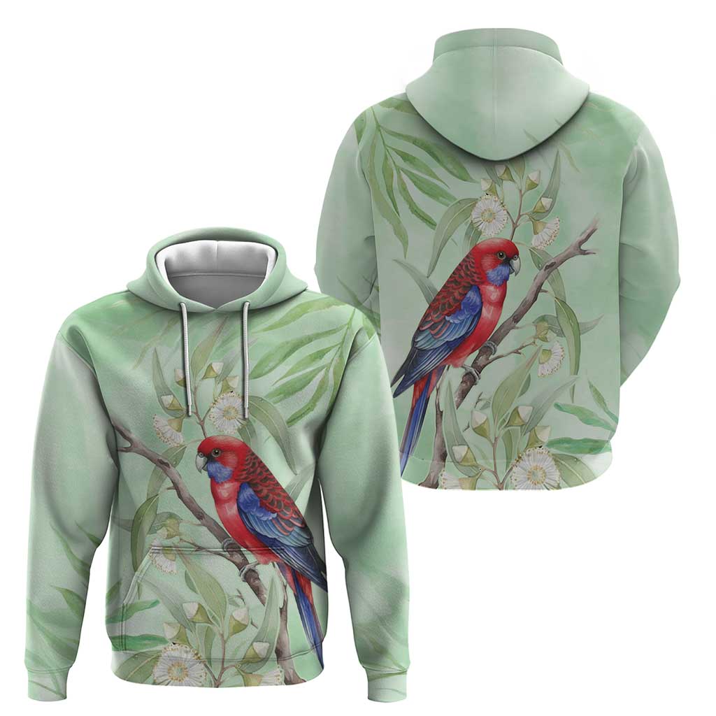 Australia Crimson Rosella Hoodie Platycercus Elegans Eucalyptus Alba Watercolor - Aussie Hoodie