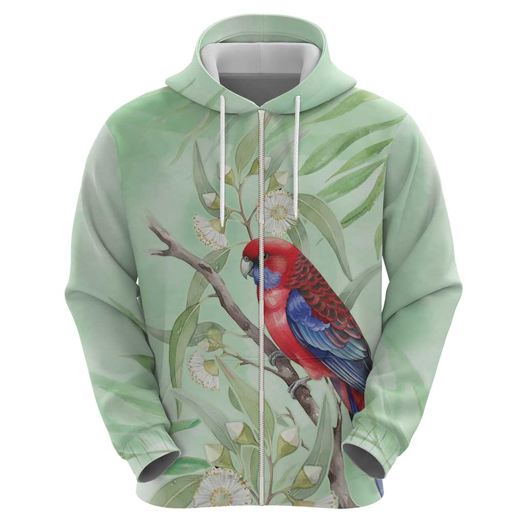 Australia Crimson Rosella Hoodie Platycercus Elegans Eucalyptus Alba Watercolor - Aussie Hoodie